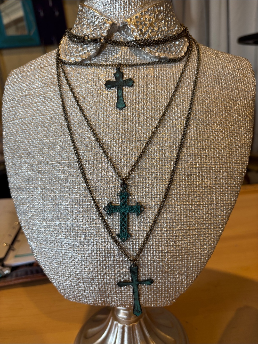 Layered Green Cross Pendant Necklace Set - Unbranded